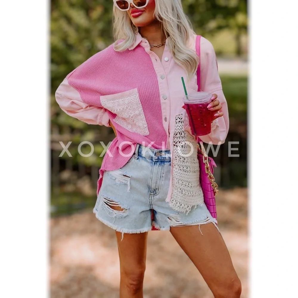 LAST ONE POL Pink Patchwork Button Down Crochet Lace Denim Oversized Fit - Picture 9 of 15